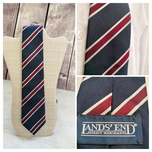 Lands' End Men's Navy, Red, Silver Striped Silk Tie Necktie Repp Handsewn In USA - Picture 1 of 11